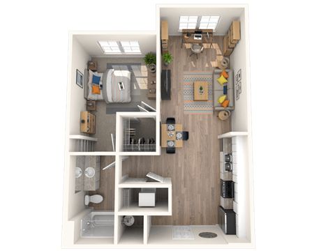 Floor plan for 1 bed, 1 bath, 721 sqft